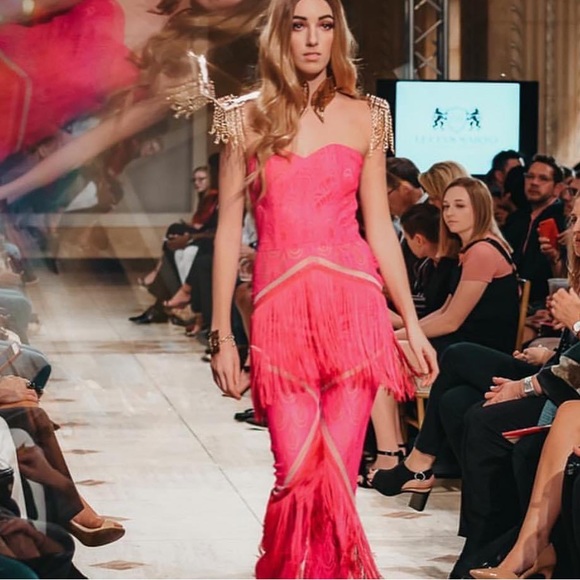 Pink Red Fringe Jumpsuit Lucci Lu 92107 Size Orange Long Beaded